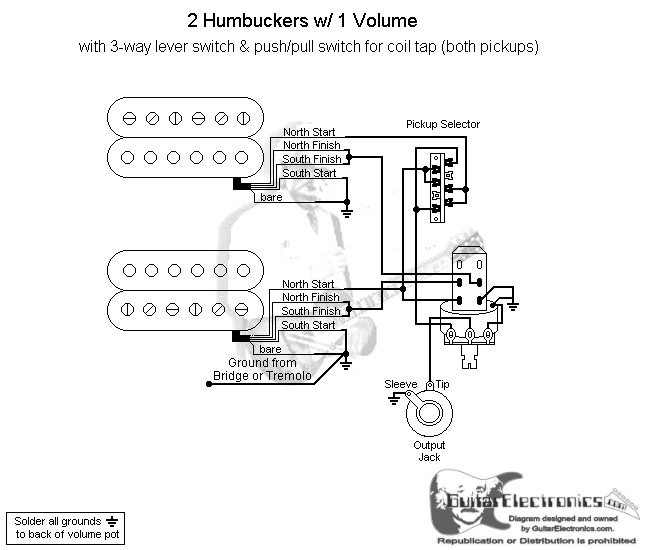 2 humbuckers 3 way lever switch 1 volume coil tap One Tone Humbucker Wiring-Diagram 2 humbuckers 3 way lever switch 1 volume coil tap click to enlarge